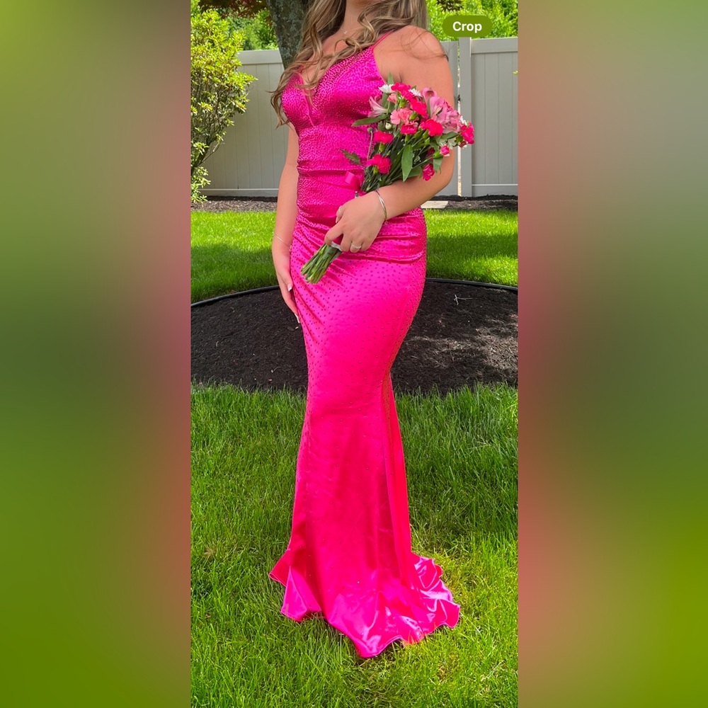 Striking Hot Pink Satin Prom Gown with V-Neck